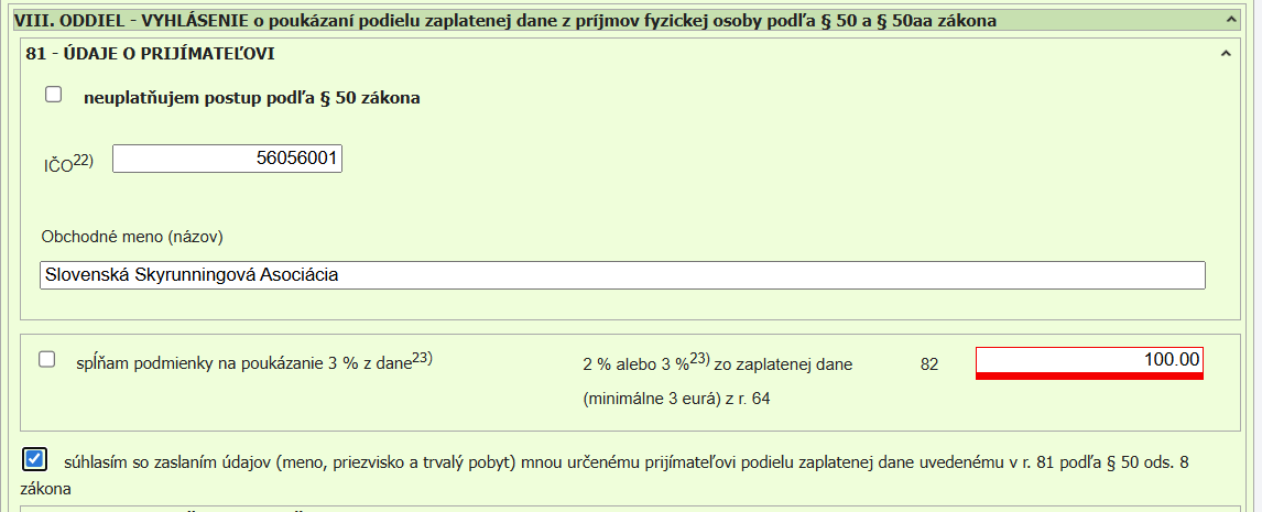 Daňové priznanie typu A - VIII. oddiel